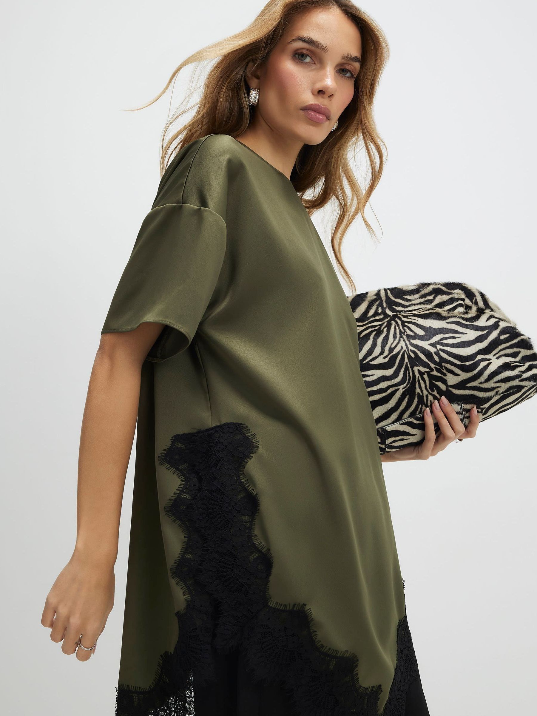 Buy River Island Green Short Sleeve Asymetric Longline Lace Trim T