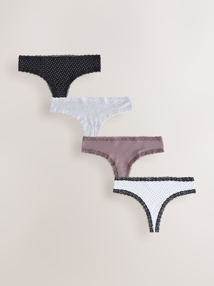 Noir et blanc à pois - Lot de 4 culottes en coton et dentelle - Image 1 de 7 Noir et blanc à pois - Lot de 4 culottes en coton et dentelle - Image 1 de 7