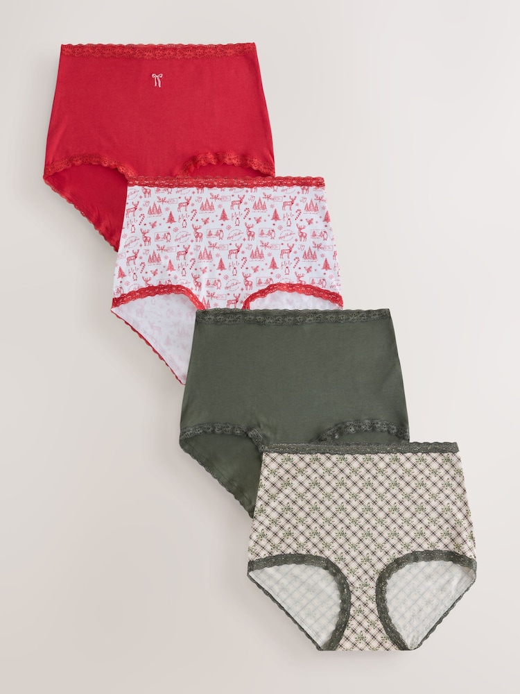 Christmas Check Full Brief Cotton and Lace Knickers 4 Pack - Image 1 of 8 Christmas Check Full Brief Cotton and Lace Knickers 4 Pack - Image 1 of 8