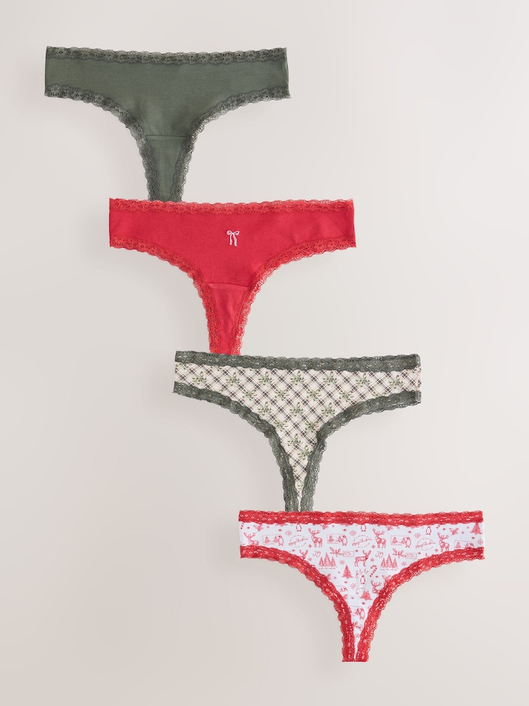 Christmas Check Thong Cotton and Lace Knickers 4 Pack - Image 1 of 7 Christmas Check Thong Cotton and Lace Knickers 4 Pack - Image 1 of 7