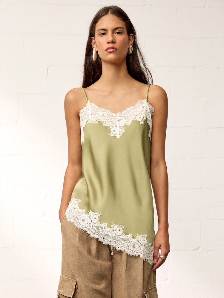 BHOEM Olive Green Asymmetric Hem Lace Cami Top - Image 1 of 5