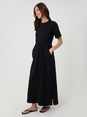 Threadbare Black Crew Neck Jersey Midi Dress with Patch Pockets - Image 1 of 4