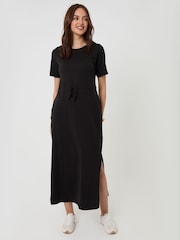 Threadbare Black Drawstring Waist Side Split Cotton Jersey Midi Dress - Image 1 of 4