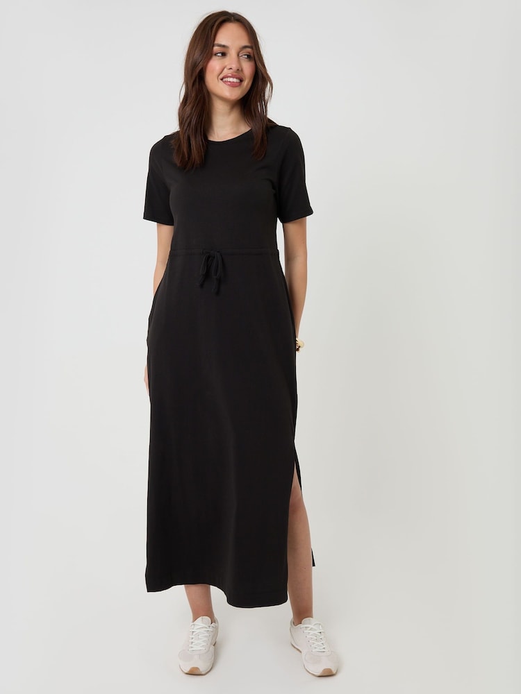Threadbare Black Drawstring Waist Side Split Cotton Jersey Midi Dress - Image 1 of 4