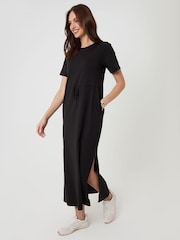 Threadbare Black Drawstring Waist Side Split Cotton Jersey Midi Dress - Image 3 of 4