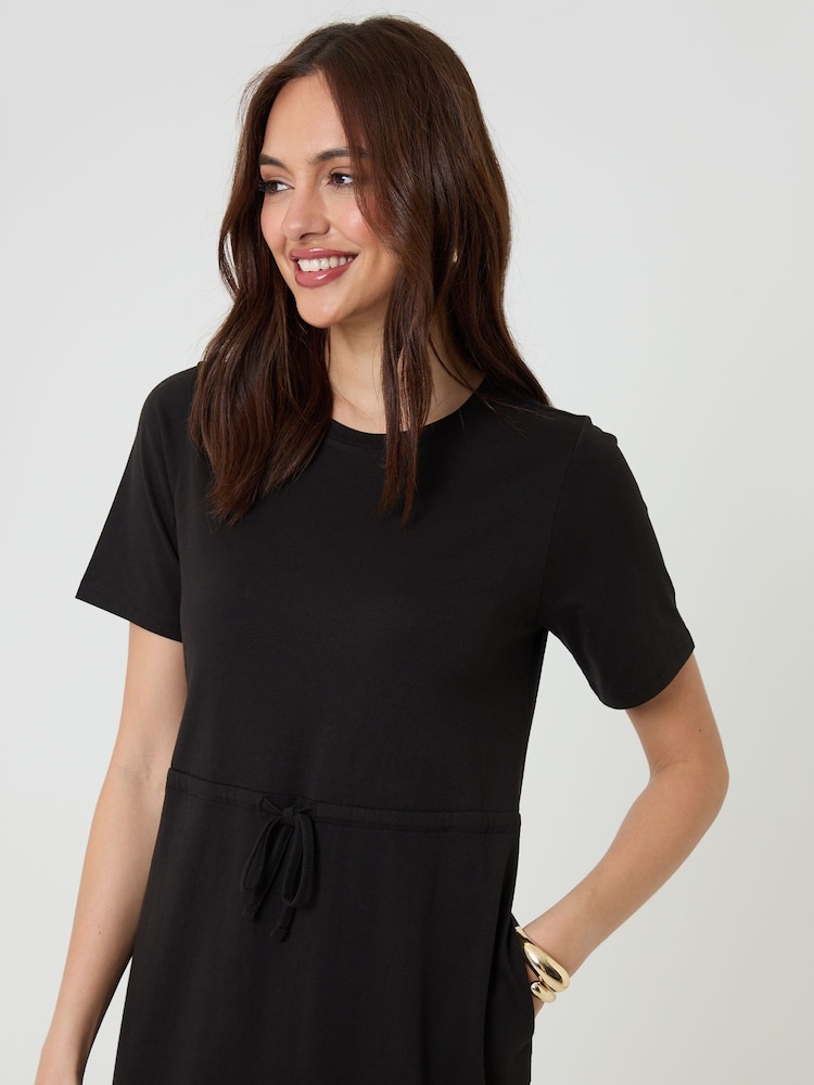 Threadbare Black Drawstring Waist Side Split Cotton Jersey Midi Dress - Image 4 of 4