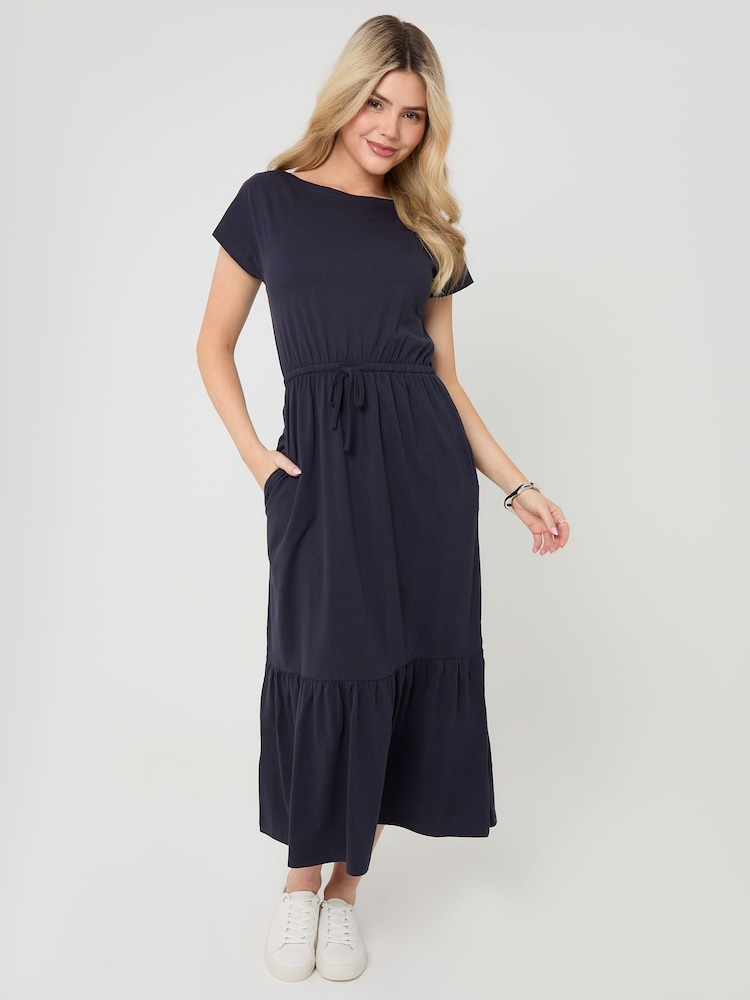 Threadbare Blue Drawstring Waist Boat Neck Cotton Jersey Maxi Dress - Image 1 of 4