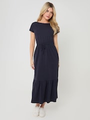 Threadbare Blue Drawstring Waist Boat Neck Cotton Jersey Maxi Dress - Image 3 of 4