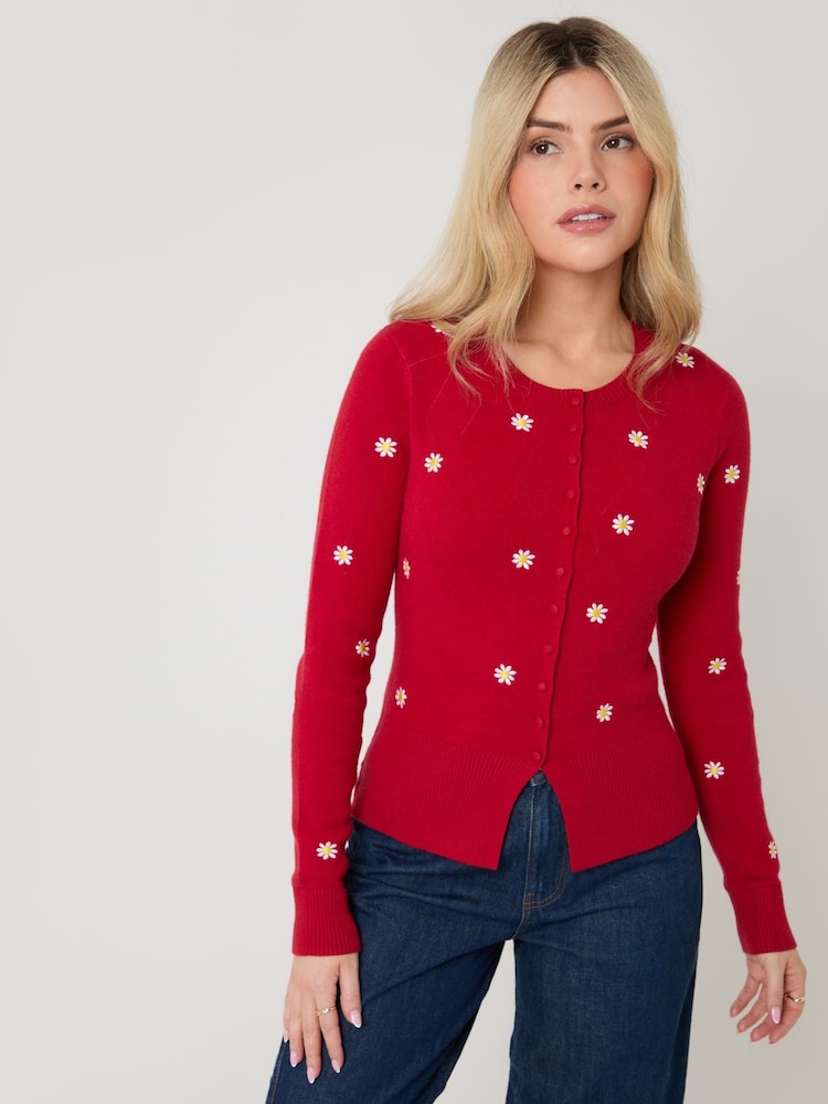 Threadbare Red Daisy Embroidered Crew Neck Knitted Cardigan - Image 1 of 4