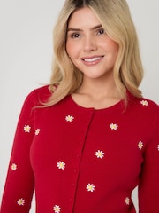 Threadbare Red Daisy Embroidered Crew Neck Knitted Cardigan - Image 2 of 4