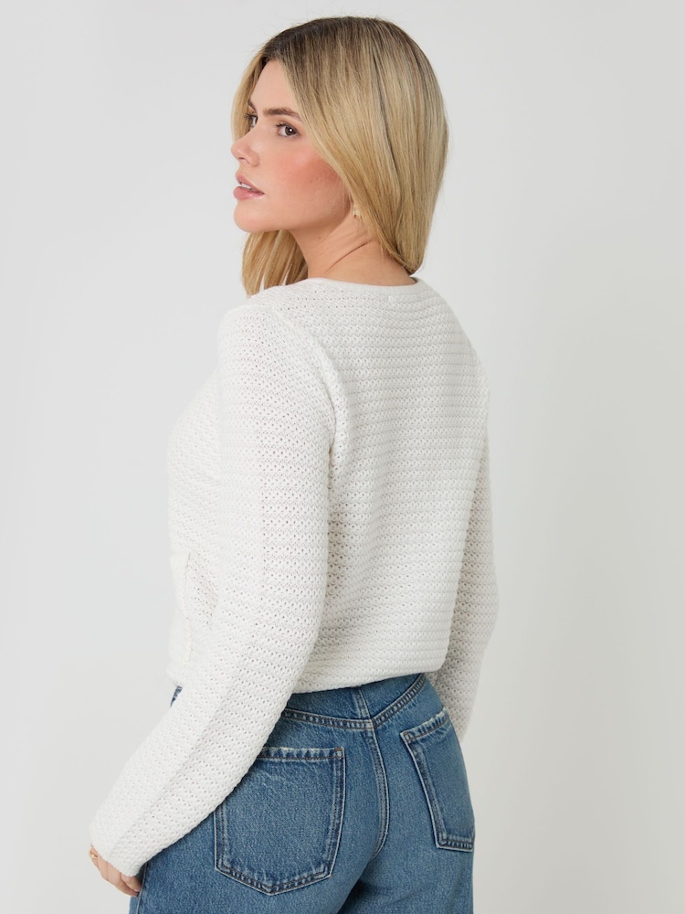 Threadbare White Patch Pocket Crew Neck Cardigan - Image 2 of 4