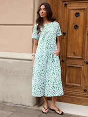Threadbare Green Floral Cotton Smock Style Midi Dress - Image 1 of 5