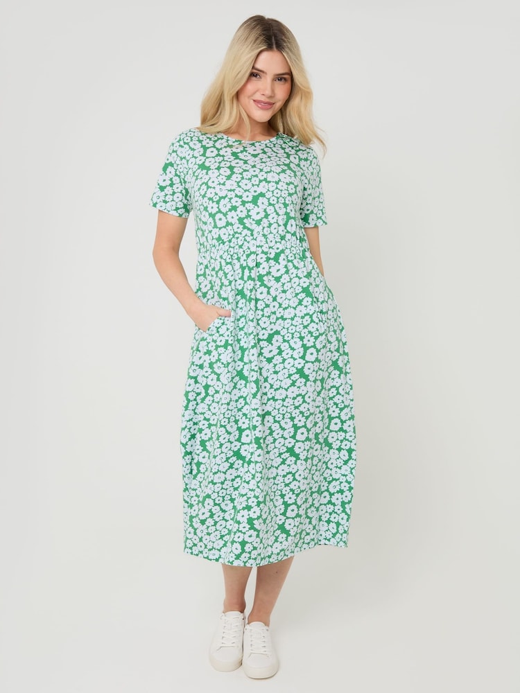 Threadbare Green Floral Cotton Smock Style Midi Dress - Image 2 of 5