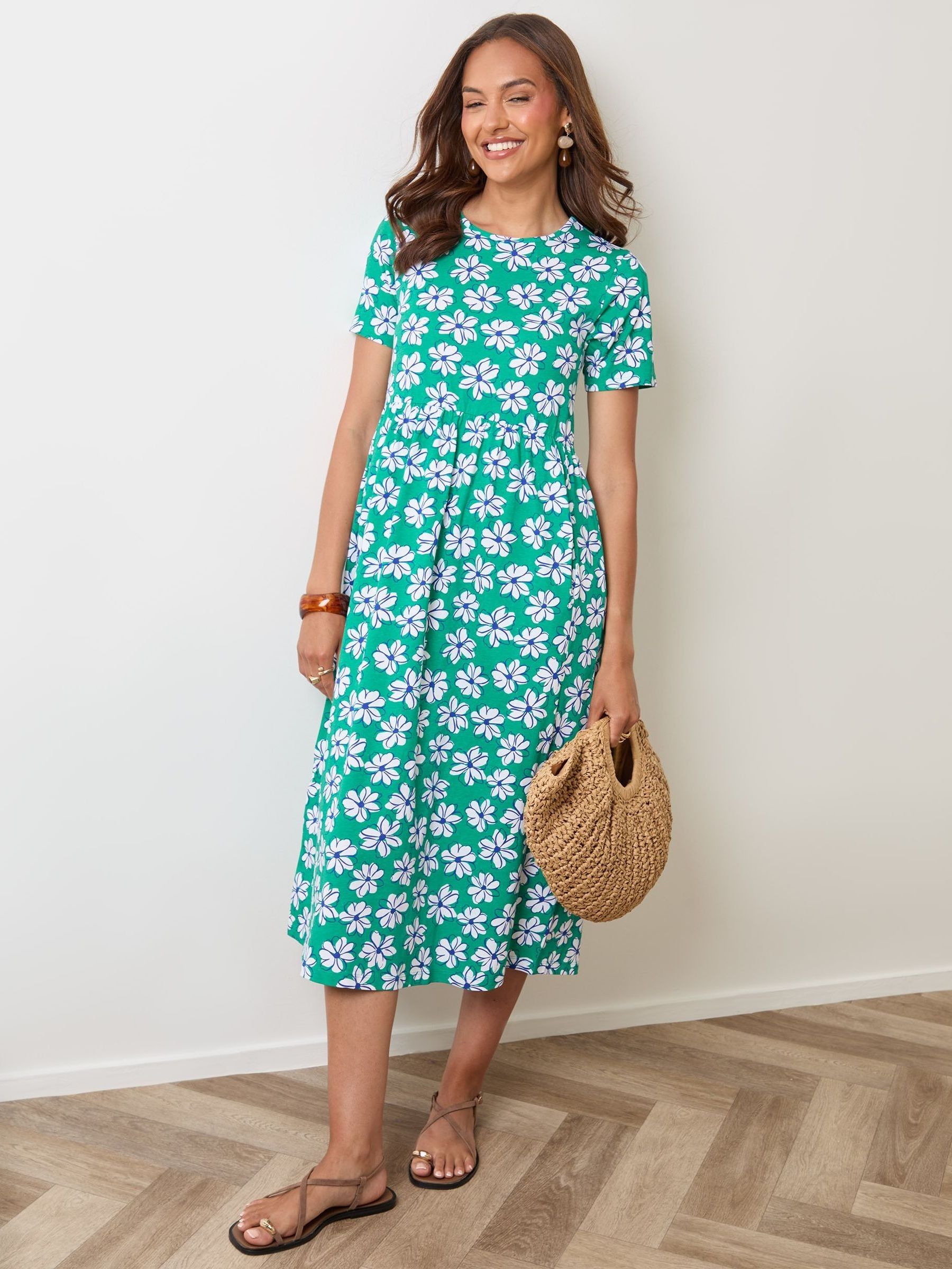 Buy Threadbare Mint Green Floral Jersey Midi Smock Dress With