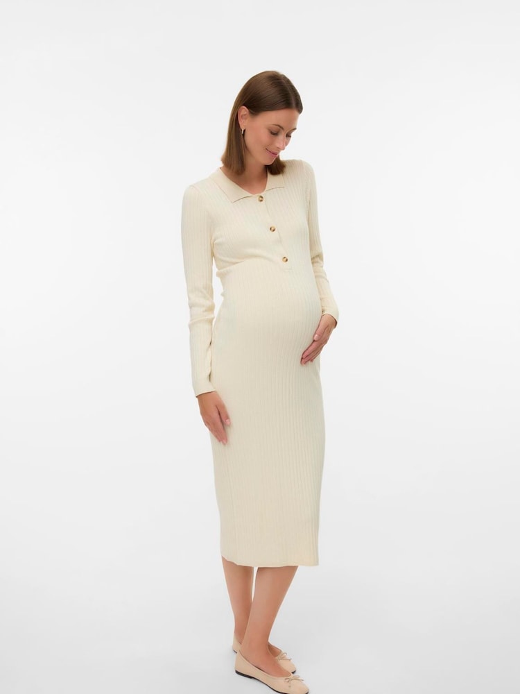 Mamalicious Cream Maternity and Nursing Long Sleeve Midi Dress - Image 1 of 5