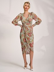 Jolie Moi Green Lace Long Sleeve Ruched Bodycon Dress - Image 1 of 7