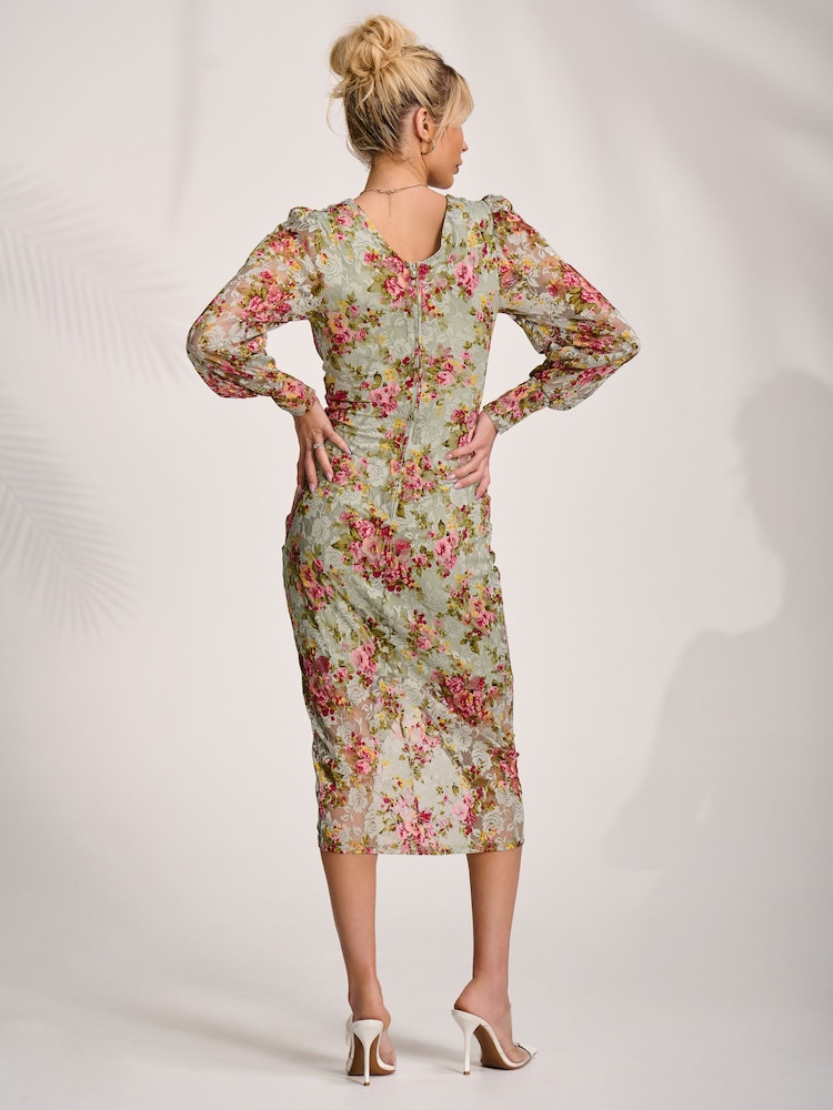 Jolie Moi Green Lace Long Sleeve Ruched Bodycon Dress - Image 2 of 7 Jolie Moi Green Lace Long Sleeve Ruched Bodycon Dress - Image 2 of 7