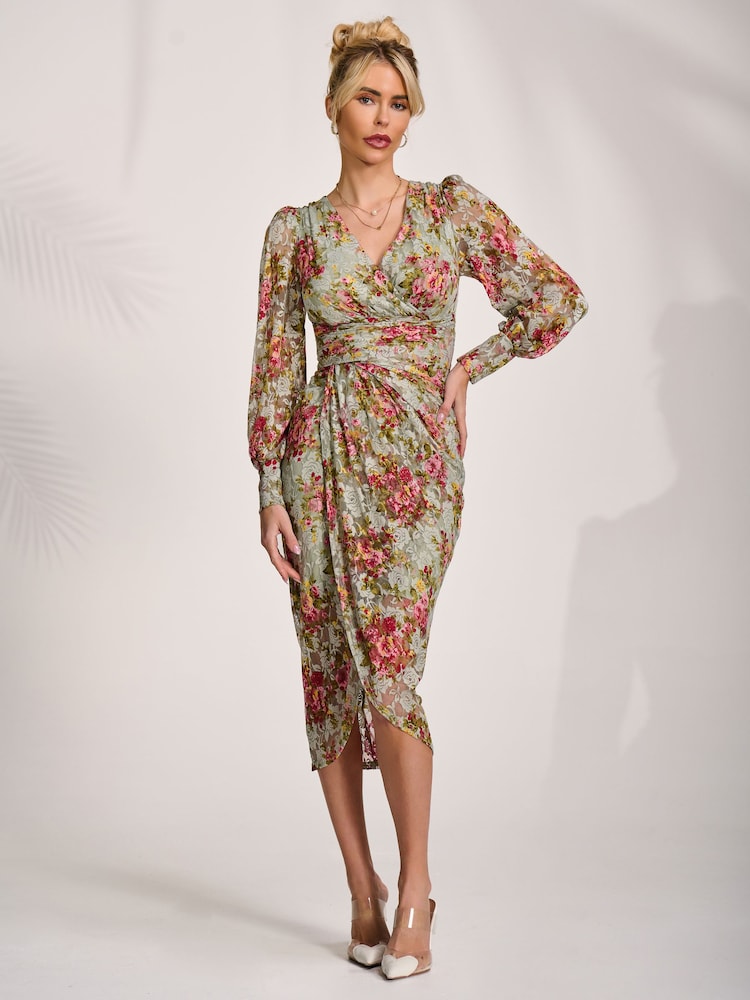 green ruched long sleeve dress Olive Green Ruched Long Sleeve V-neck Dress