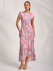 Jolie Moi Pink Asymmetric Draped Mesh Maxi Dress - Image 1 of 7