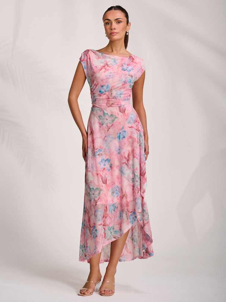 Jolie Moi Pink Asymmetric Draped Mesh Maxi Dress - Image 1 of 7