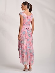 Jolie Moi Pink Asymmetric Draped Mesh Maxi Dress - Image 2 of 7