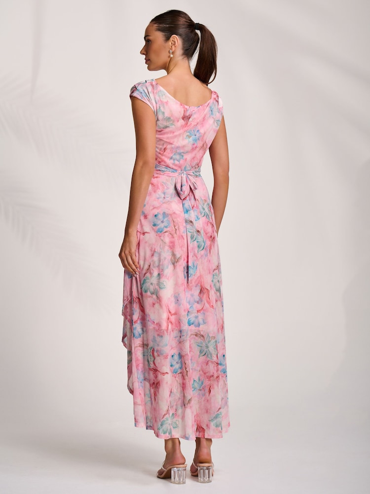 Jolie Moi Pink Asymmetric Draped Mesh Maxi Dress - Image 2 of 7