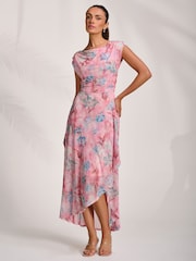 Jolie Moi Pink Asymmetric Draped Mesh Maxi Dress - Image 3 of 7