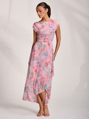 Jolie Moi Pink Asymmetric Draped Mesh Maxi Dress - Image 5 of 7