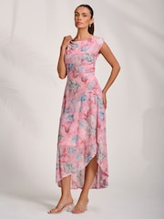 Jolie Moi Pink Asymmetric Draped Mesh Maxi Dress - Image 7 of 7