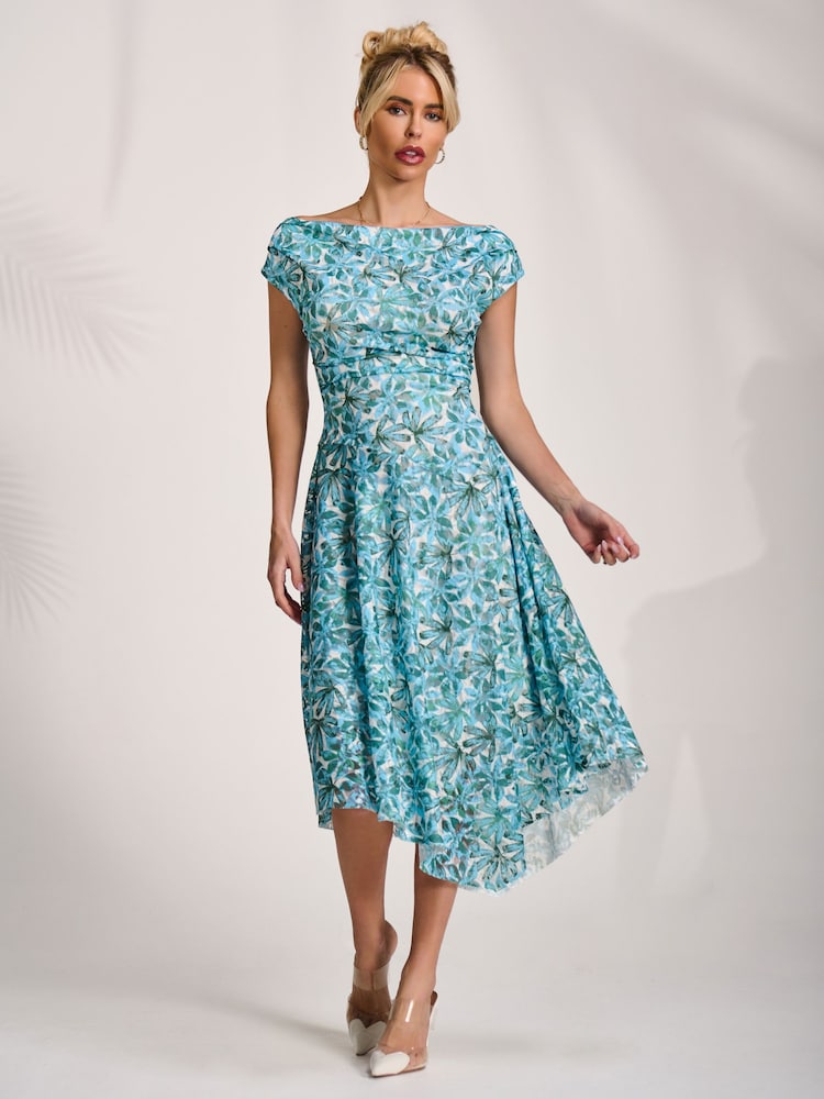 asymmetric printed midi dress Warehouse Women's Printed Satin Knot Front Asymmetric Hem Midi Dress