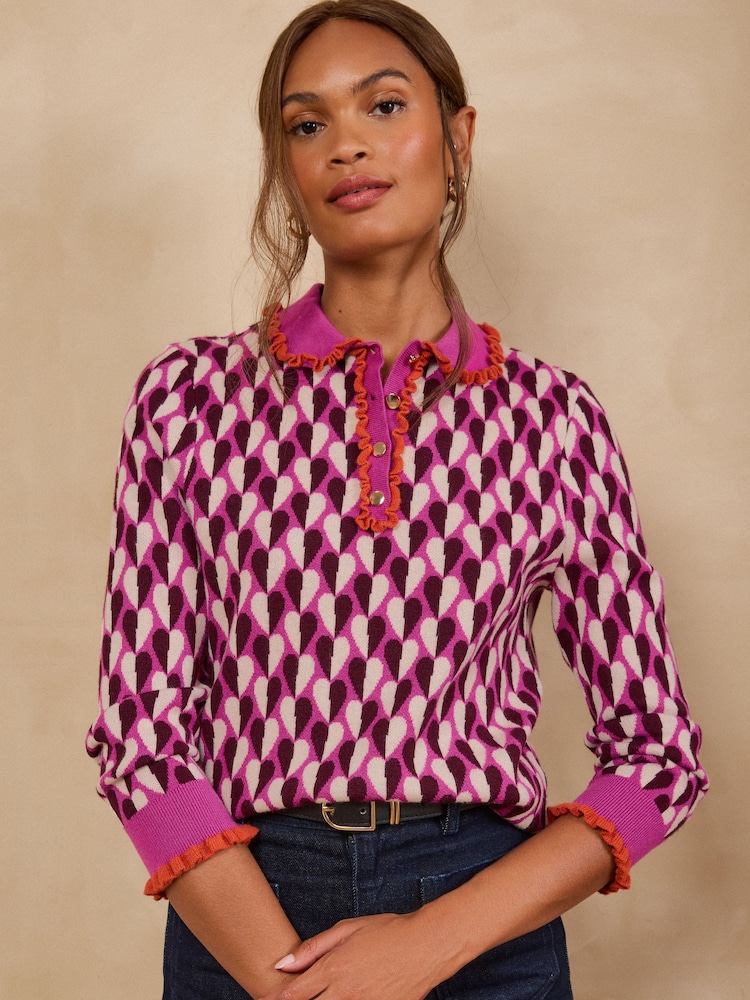 Love & Roses Purple Heart Ruffled Collar Knitted Top - Image 1 of 4