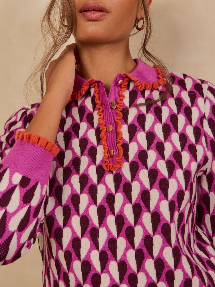 Love & Roses Purple Heart Ruffled Collar Knitted Top - Image 2 of 4