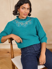 Love & Roses Teal Blue High Neck Lace Detail 3/4 Sleeve Knitted Top - Image 1 of 5
