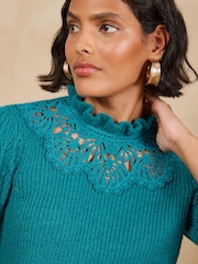 Love & Roses Teal Blue High Neck Lace Detail 3/4 Sleeve Knitted Top - Image 2 of 5