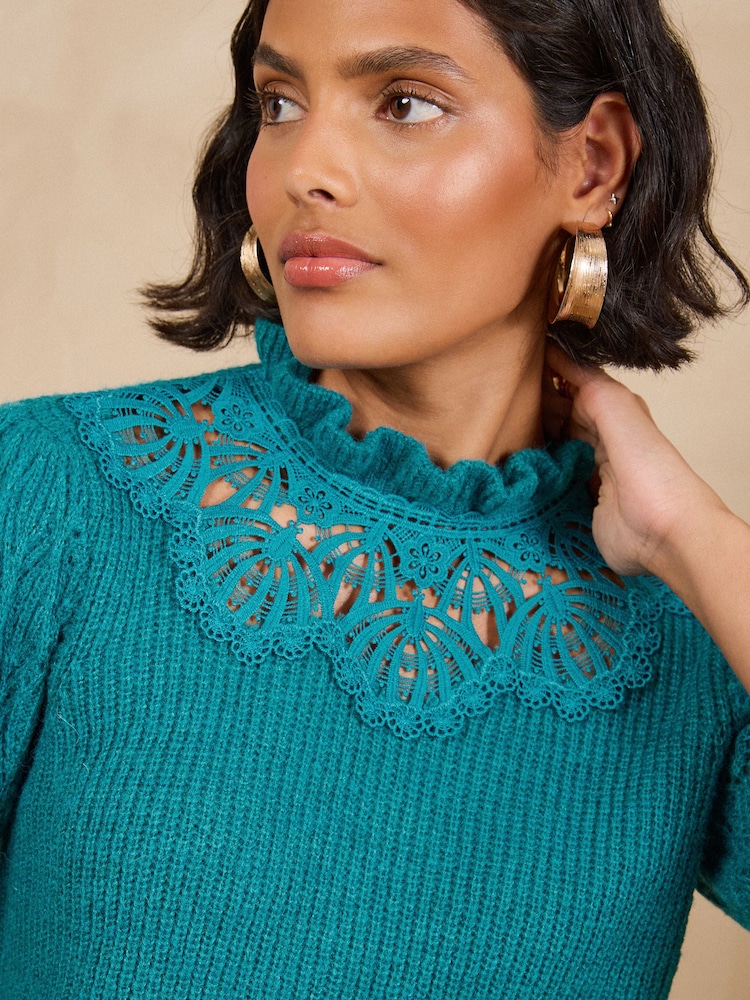 Love & Roses Teal Blue High Neck Lace Detail 3/4 Sleeve Knitted Top - Image 2 of 5 Love & Roses Teal Blue High Neck Lace Detail 3/4 Sleeve Knitted Top - Image 2 of 5