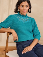 Love & Roses Teal Blue High Neck Lace Detail 3/4 Sleeve Knitted Top - Image 3 of 5