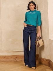 Love & Roses Teal Blue High Neck Lace Detail 3/4 Sleeve Knitted Top - Image 4 of 5