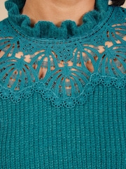 Love & Roses Teal Blue High Neck Lace Detail 3/4 Sleeve Knitted Top - Image 5 of 5
