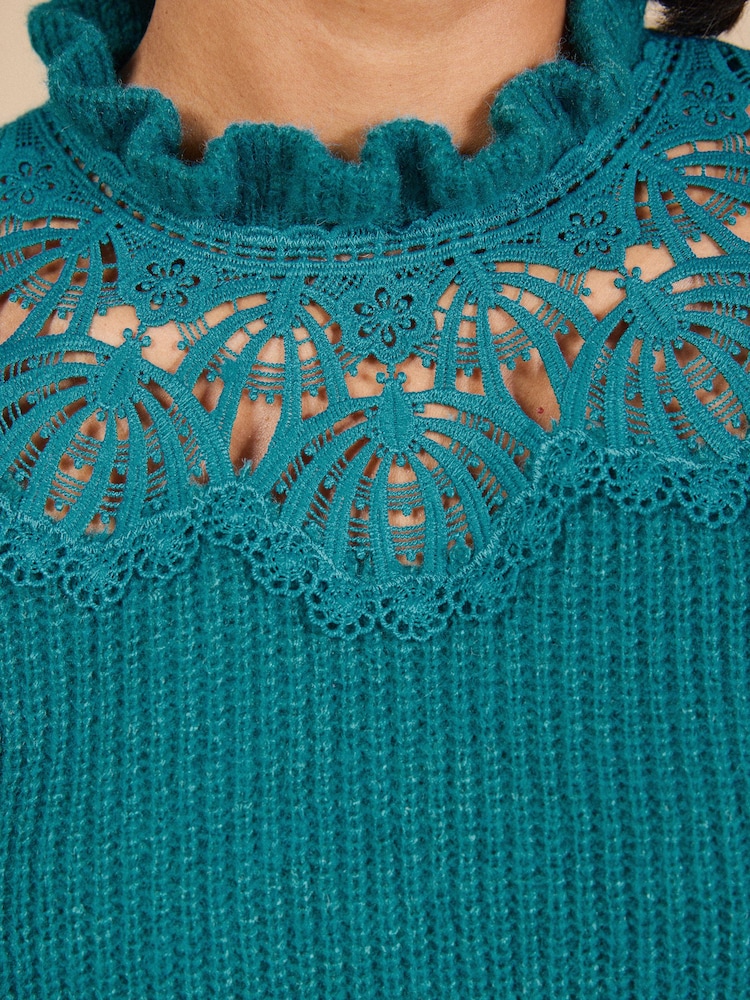 Love & Roses Teal Blue High Neck Lace Detail 3/4 Sleeve Knitted Top - Image 5 of 5 Love & Roses Teal Blue High Neck Lace Detail 3/4 Sleeve Knitted Top - Image 5 of 5