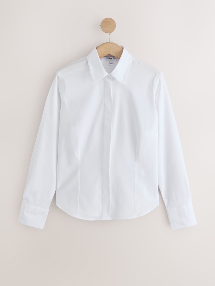 White Fuller Bust Fitted Stretch Essential Long Sleeve Shirt - Image 1 of 3 White Fuller Bust Fitted Stretch Essential Long Sleeve Shirt - Image 1 of 3
