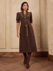 Love & Roses Chocolate Brown Cord Scallop Detail Midi Dress - Image 1 of 6
