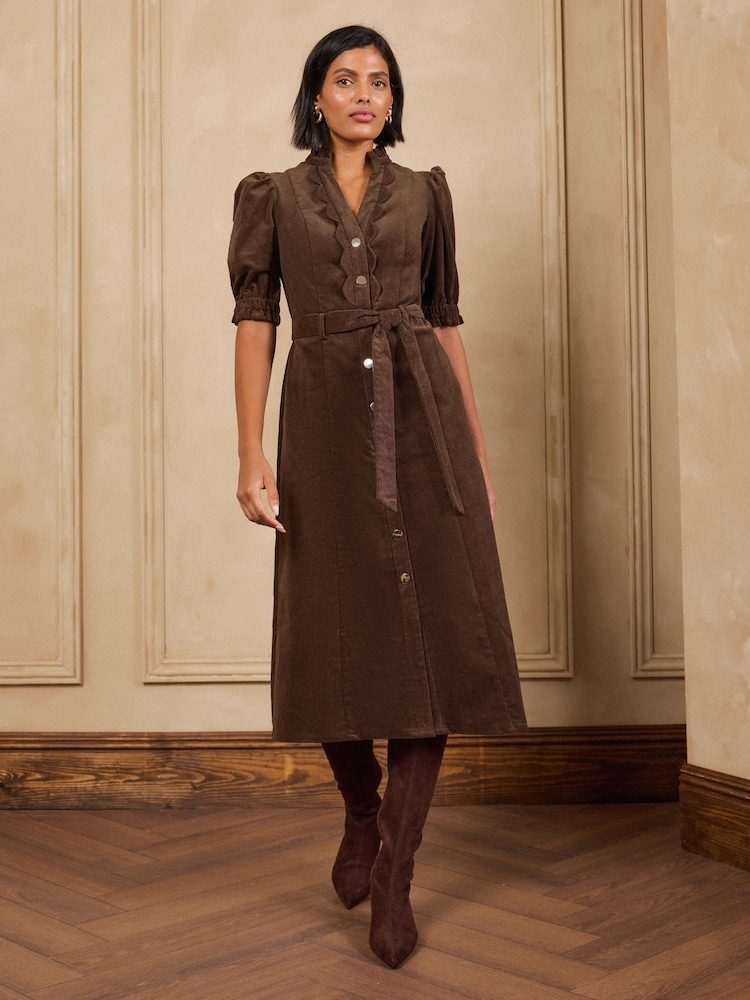 Love & Roses Chocolate Brown Cord Scallop Detail Midi Dress - Image 1 of 6