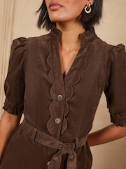 Love & Roses Chocolate Brown Cord Scallop Detail Midi Dress - Image 2 of 6