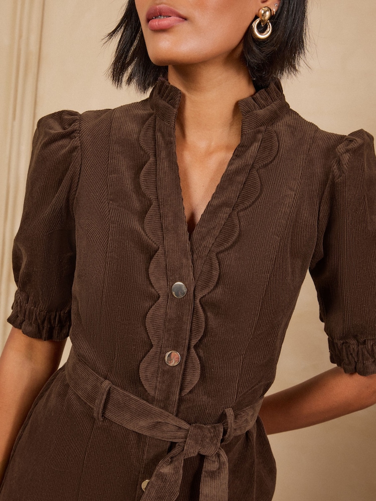 Love & Roses Chocolate Brown Cord Scallop Detail Midi Dress - Image 2 of 6