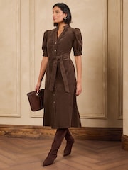 Love & Roses Chocolate Brown Cord Scallop Detail Midi Dress - Image 4 of 6