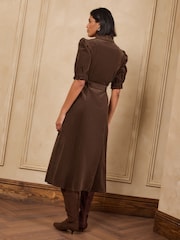 Love & Roses Chocolate Brown Cord Scallop Detail Midi Dress - Image 5 of 6