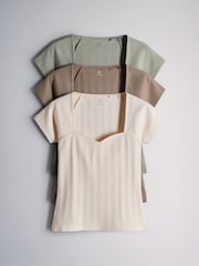 The Set 3 Pack Sweetheart Ribbed Cap Sleeve Tops Brown/Pale Green/Light Pink - Image 1 of 6