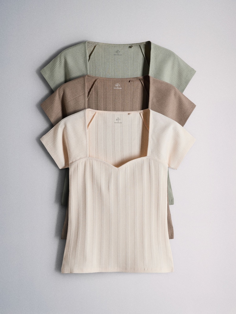 The Set 3 Pack Sweetheart Ribbed Cap Sleeve Tops Brown/Pale Green/Light Pink - Image 1 of 6
