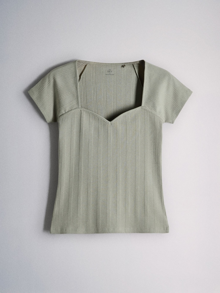 The Set 3 Pack Sweetheart Ribbed Cap Sleeve Tops Brown/Pale Green/Light Pink - Image 2 of 6