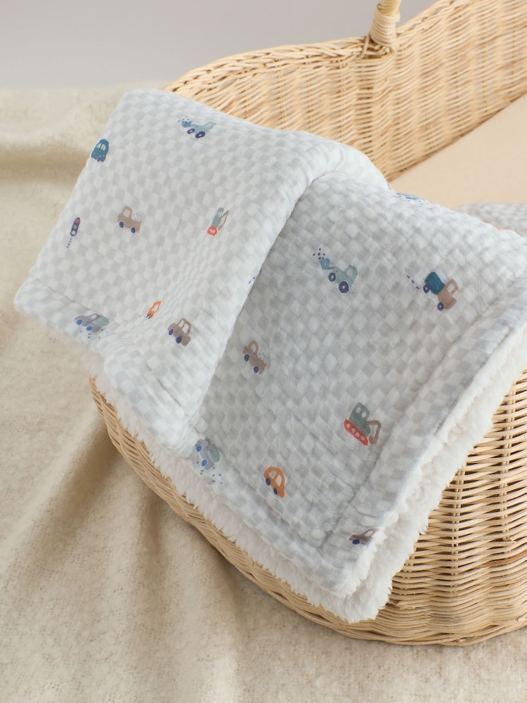 Checkerboard Cars Muslin Baby Fleece Blanket - Image 2 of 5 Checkerboard Cars Muslin Baby Fleece Blanket - Image 2 of 5